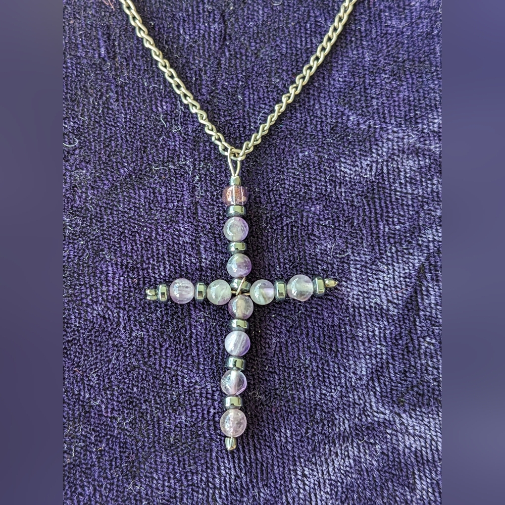 Vintage Cross Pendant Necklace With Natural Amethyst And Hematite